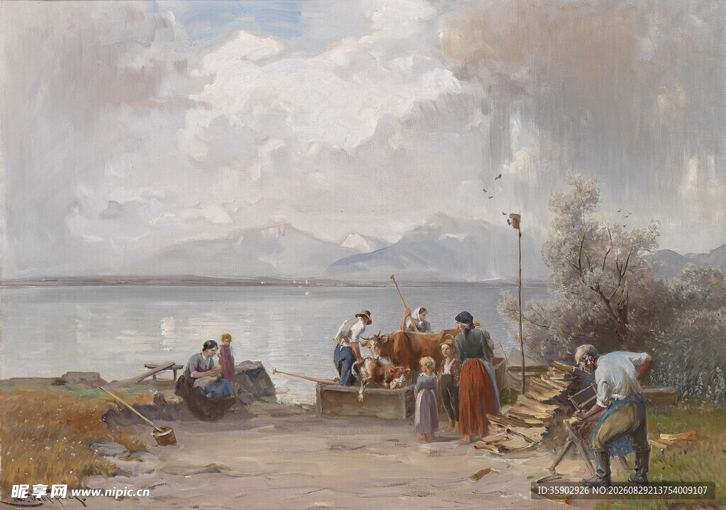 海边人群活动风景油画