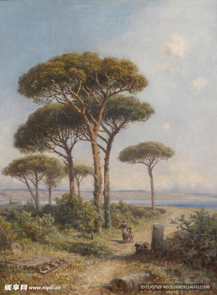乡村松树林风景油画