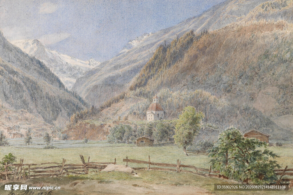 山间田园风景油画