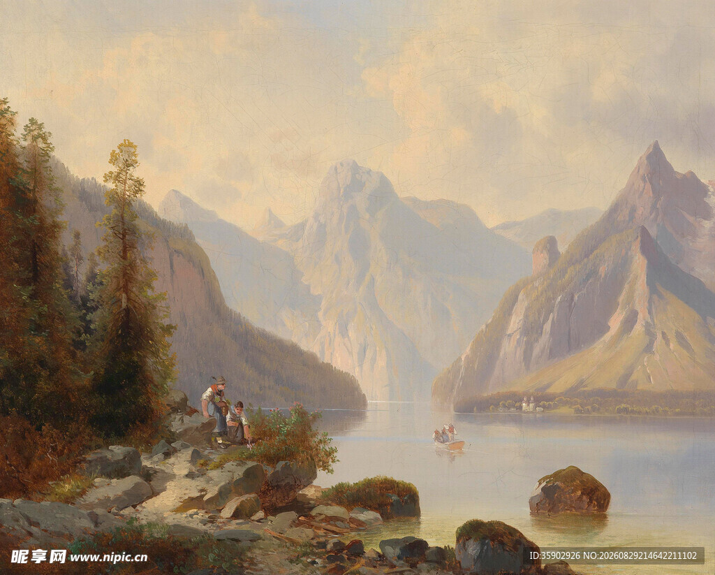 山水湖畔油画风景