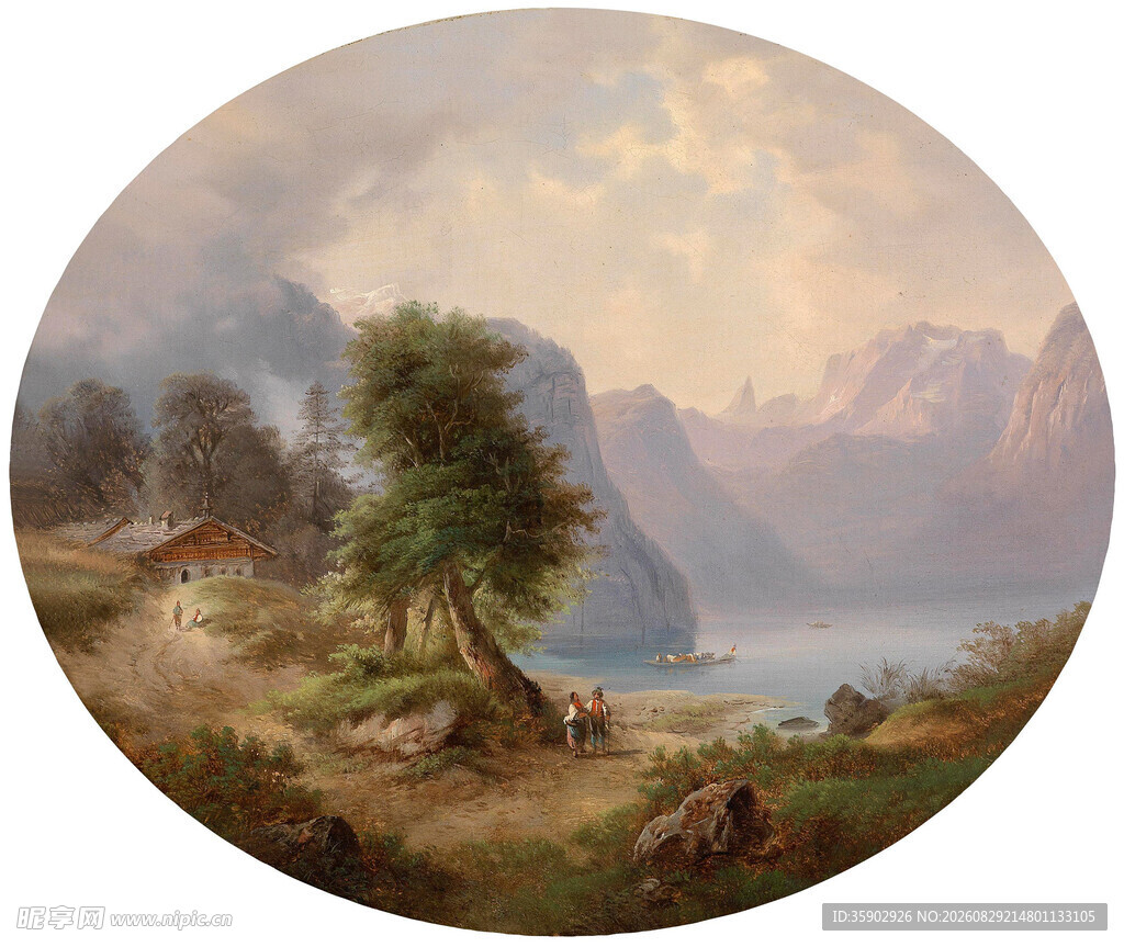 湖畔山林风景油画