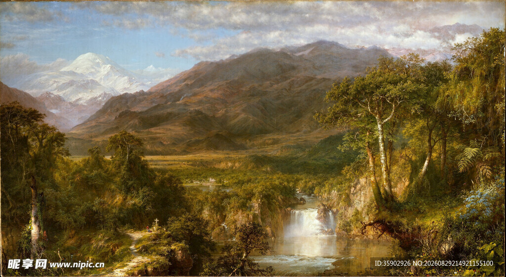 山间溪流风景油画