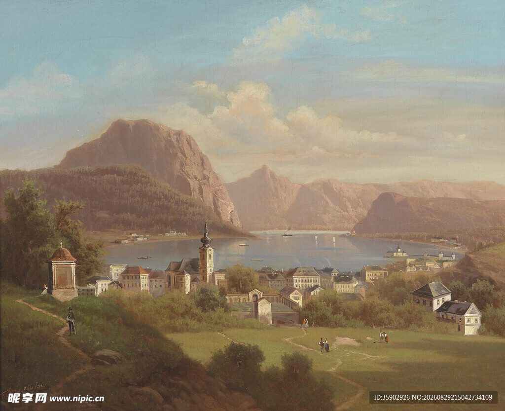 湖畔山村风景油画