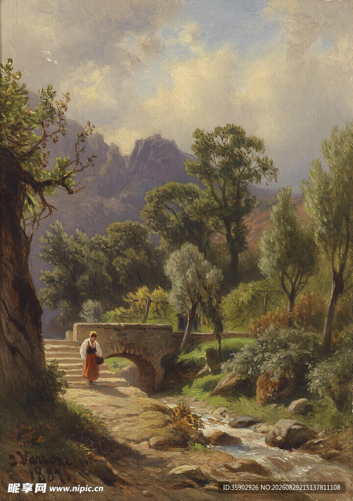 乡村溪边风景油画