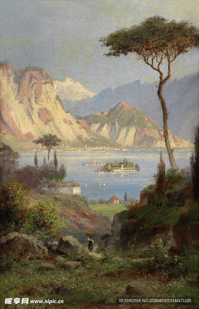 山间湖畔风景油画