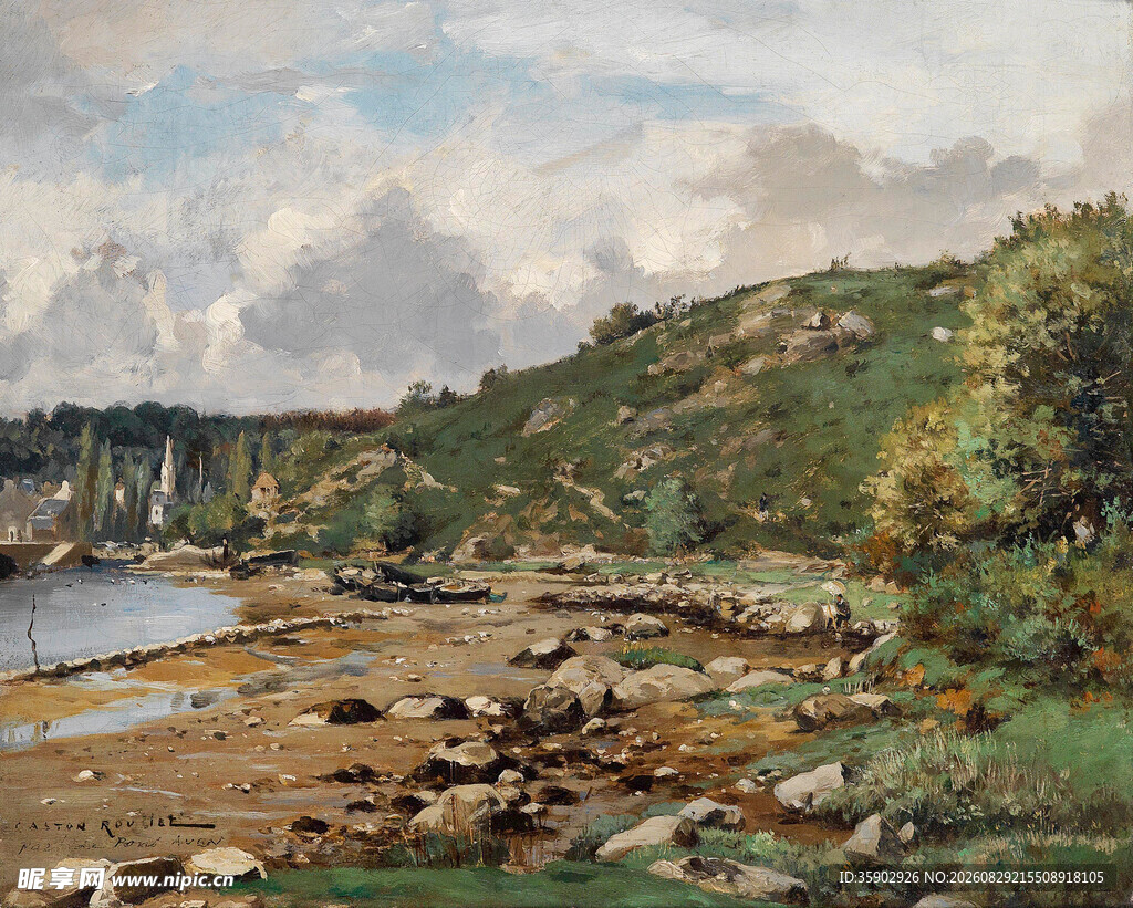 河畔风景油画