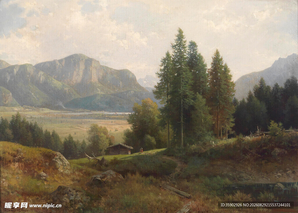 山间松林风景油画