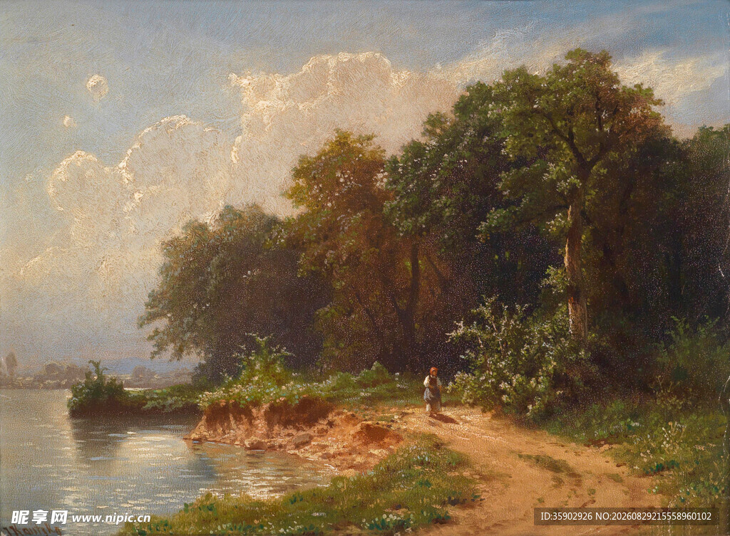河畔林间风景油画