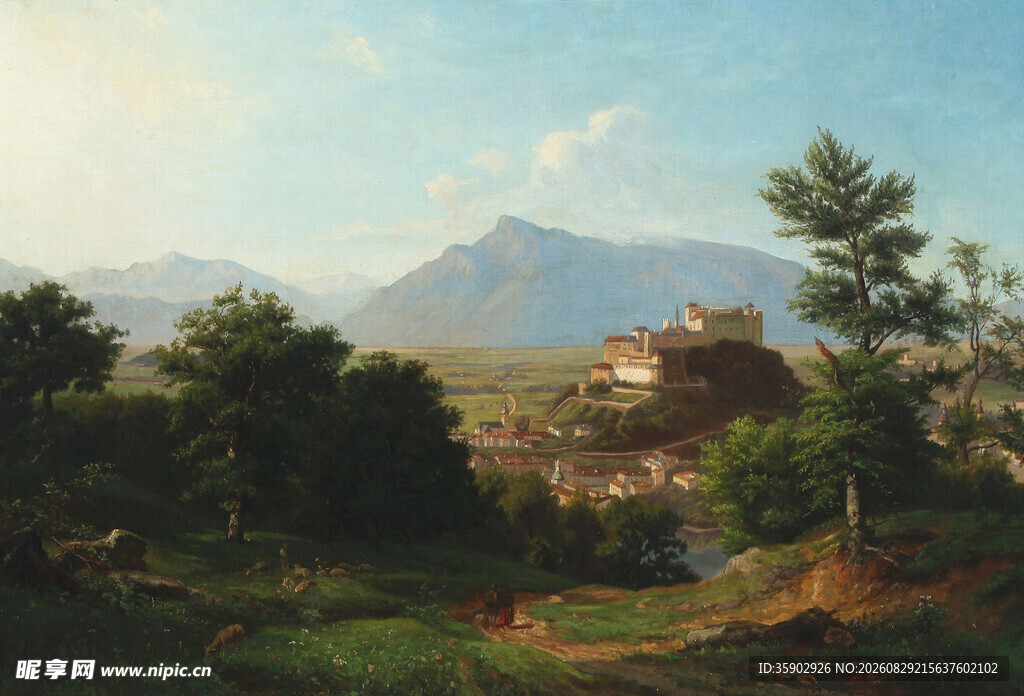 山间村落风景油画