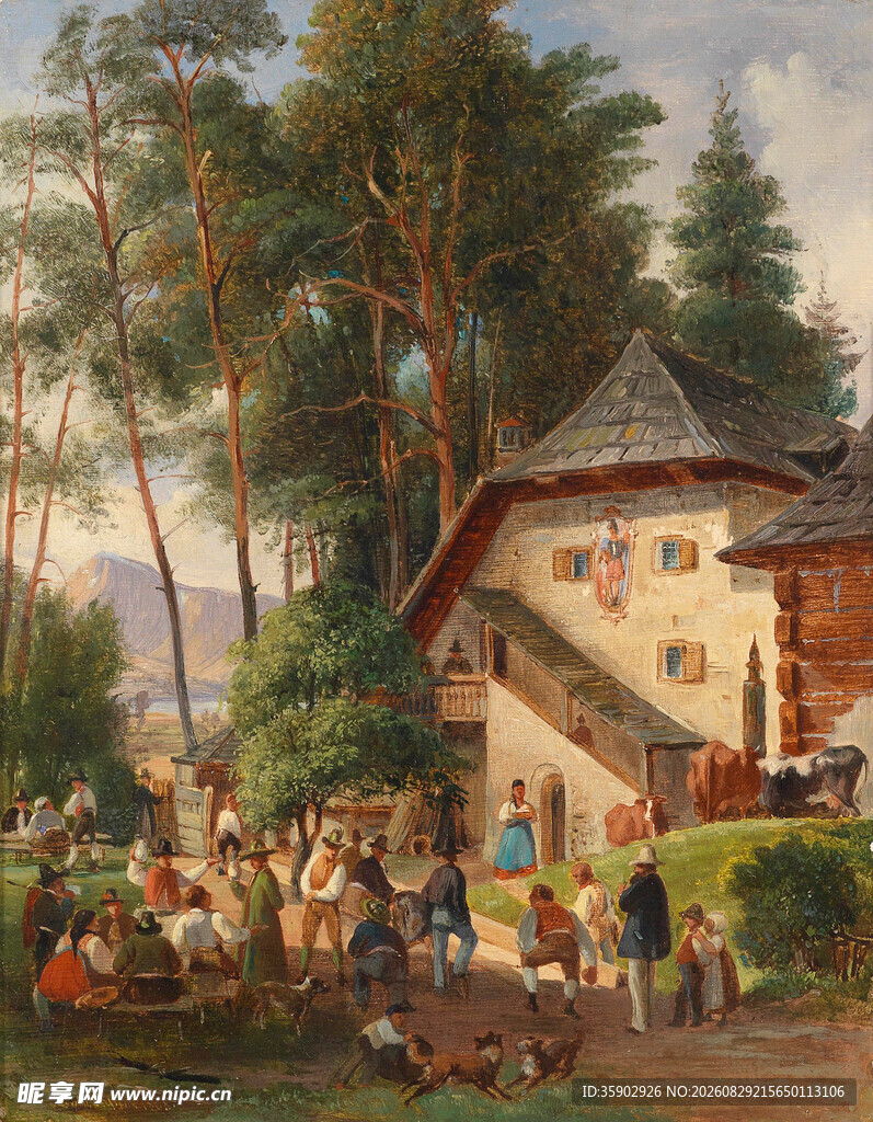 乡村生活场景油画