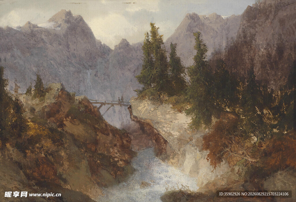 山间溪流风景油画