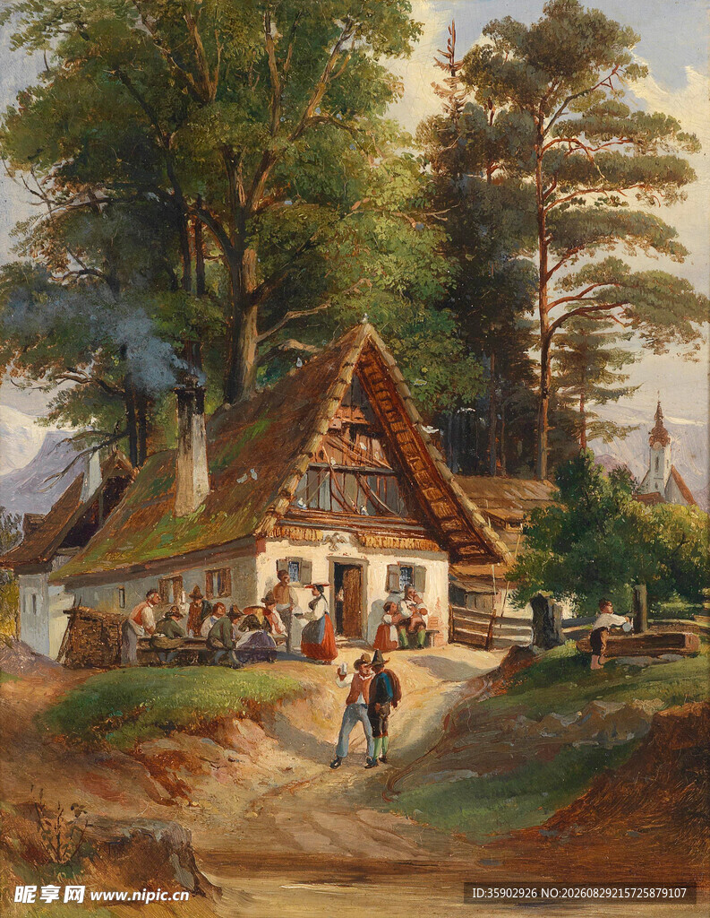 乡村小屋前的温馨生活场景