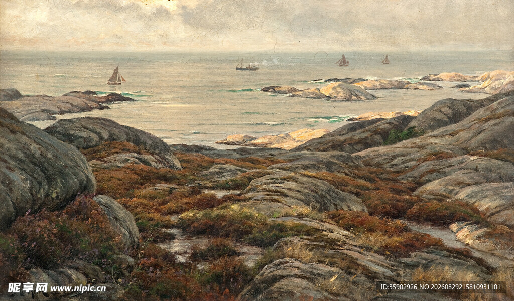 海岸岩石风景油画