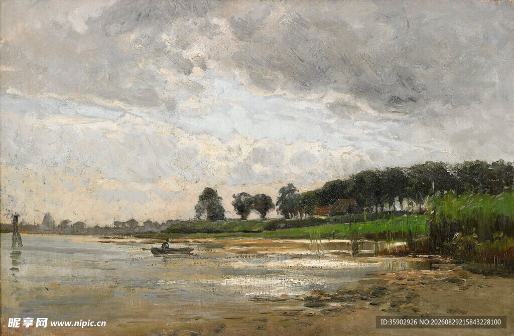 河畔风景油画