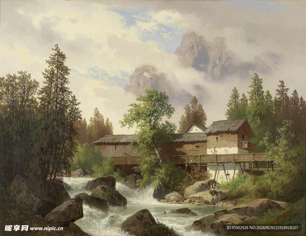 山间溪流旁的木屋风景