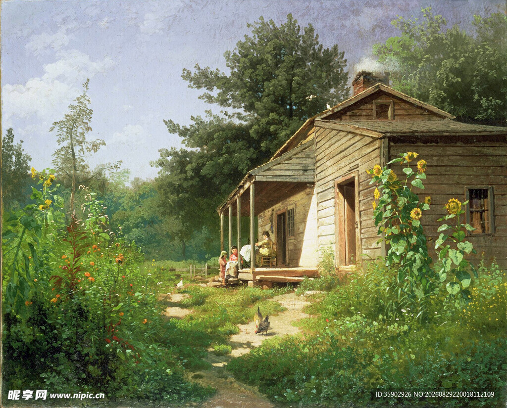 乡村小屋旁的自然景致