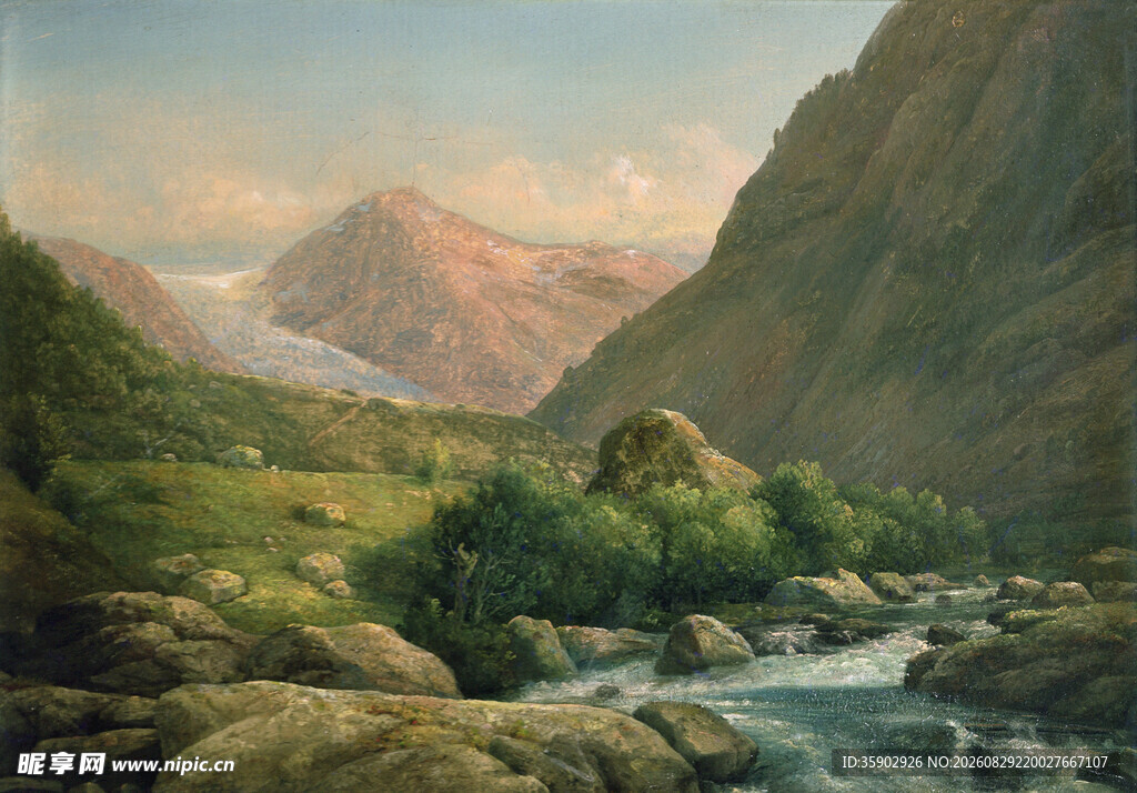 山间溪流风景油画