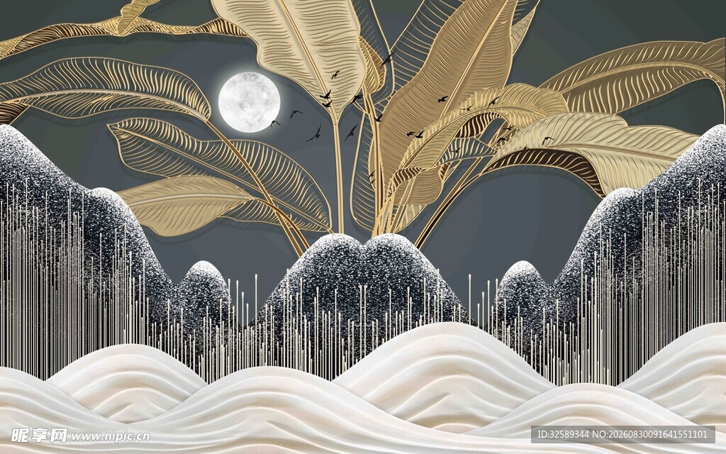 月夜海浪与植物奇幻景象