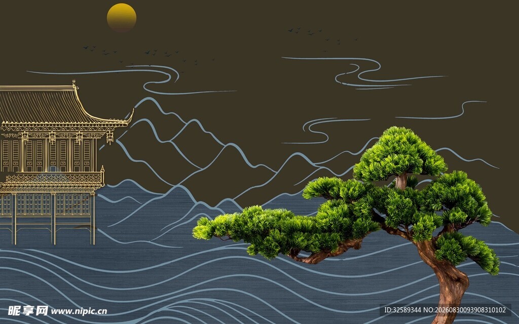 中式山水间的孤松美景