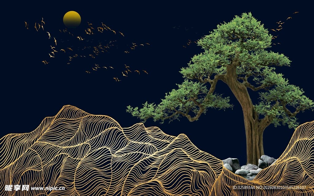 月夜孤松立山川
