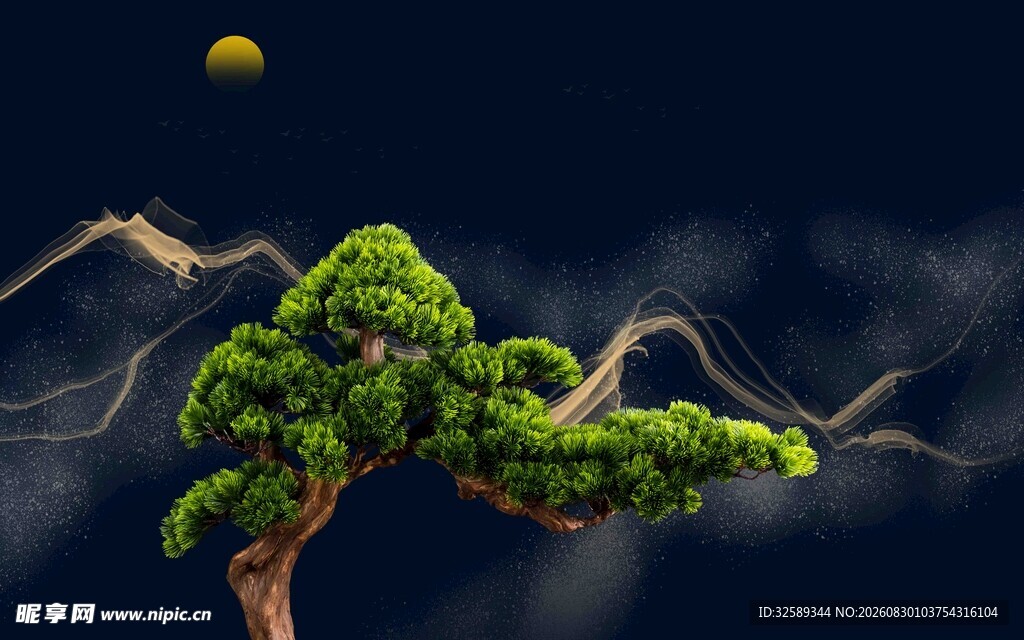 月夜下的苍劲孤松