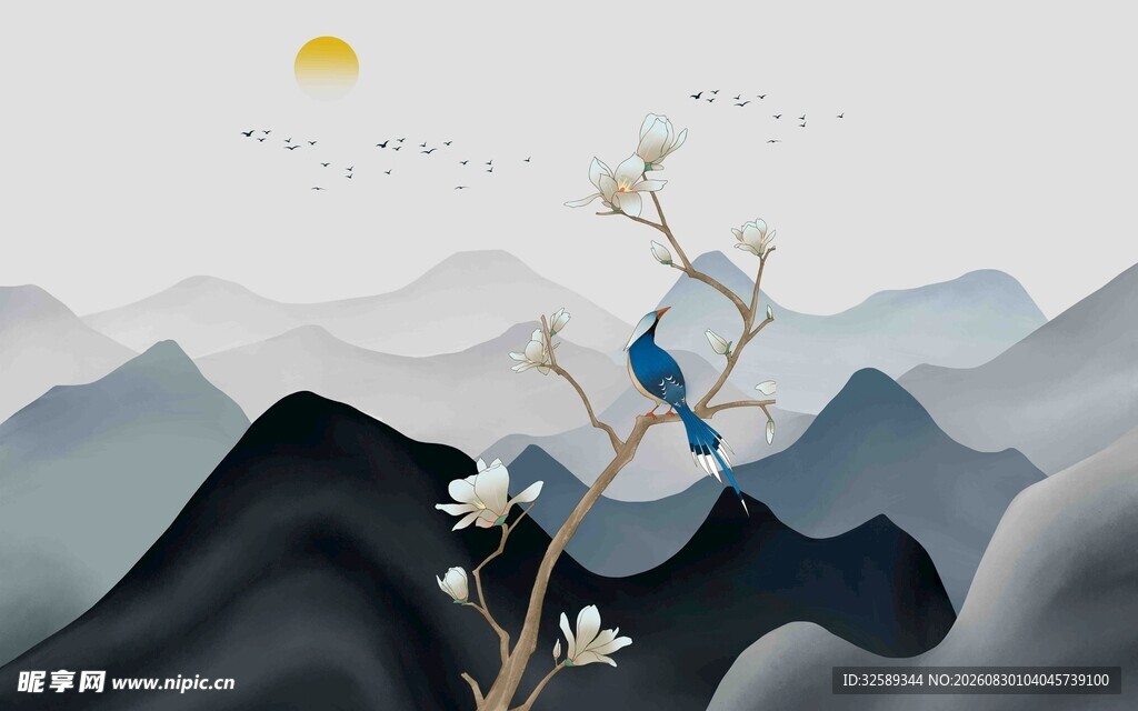 水墨山水间的灵动小鸟