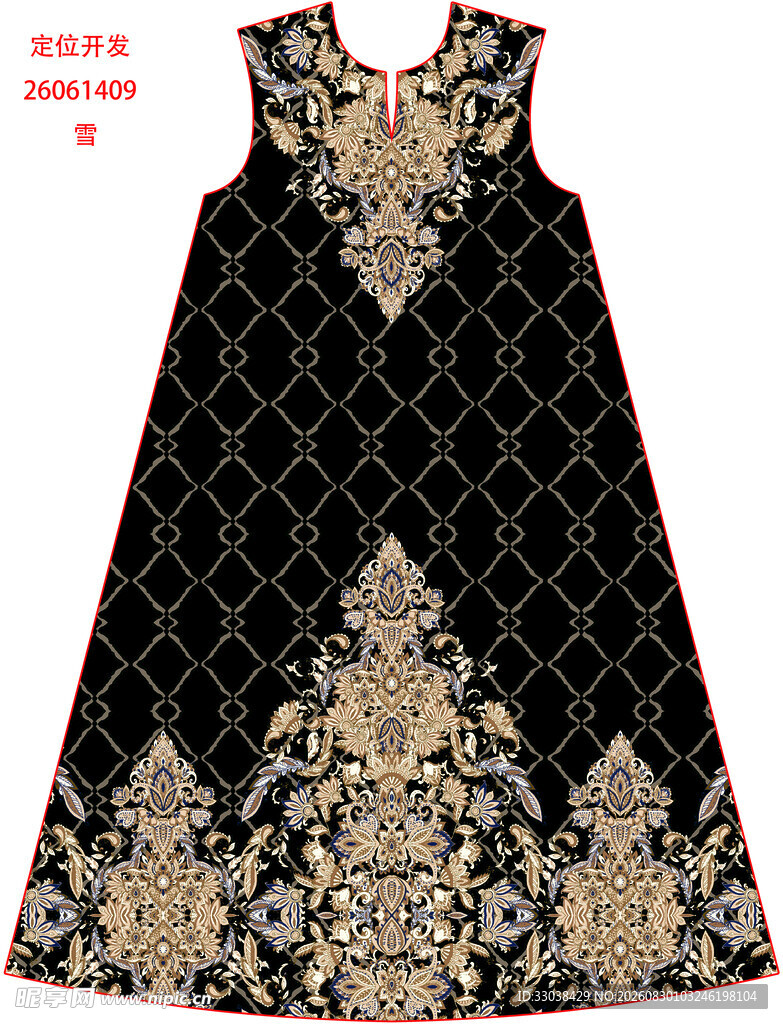 华丽刺绣无袖连衣裙