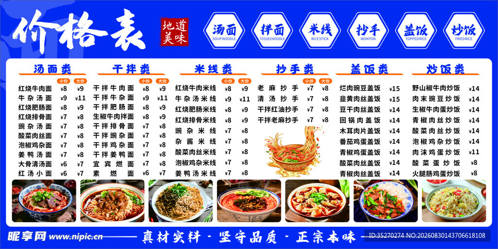 面馆价格表
