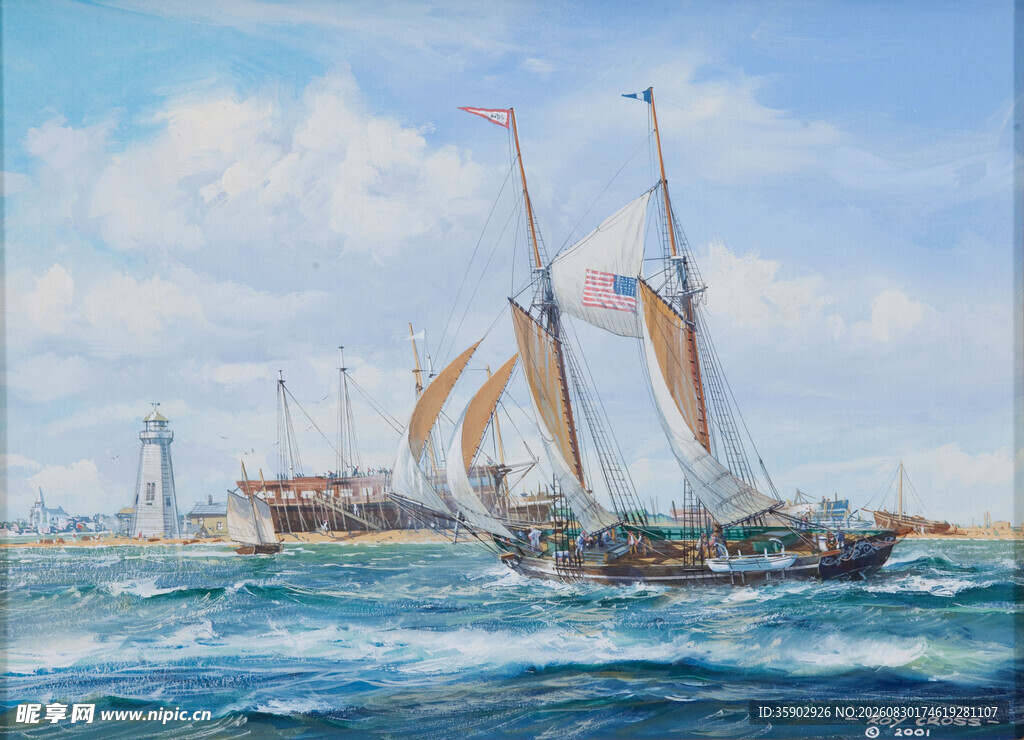 海上帆船航行油画风景