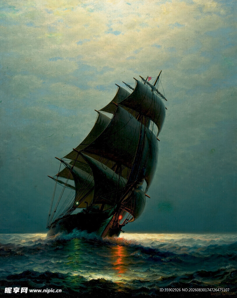 海上帆船在夕阳下破浪前行