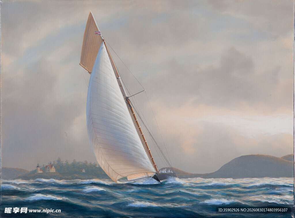 海上帆船航行油画景象