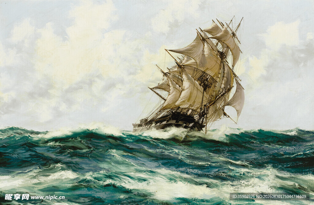 海上帆船破浪前行