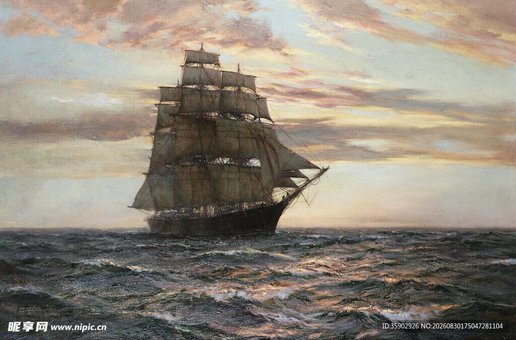 海上帆船于黄昏中航行