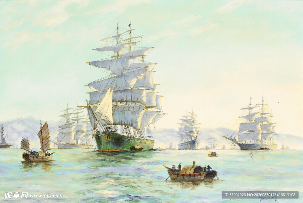 海上帆船群古典航海景象