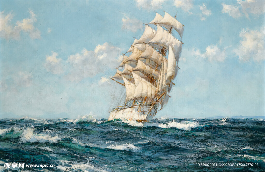 海上白帆船破浪前行