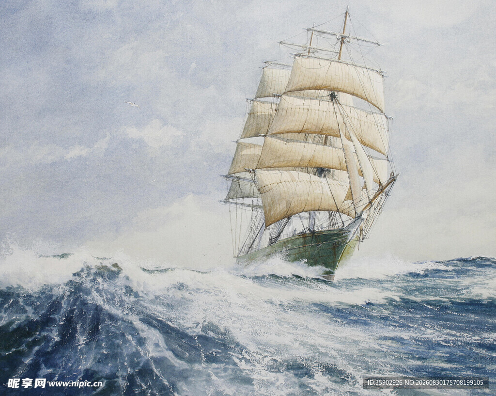 海上帆船破浪前行