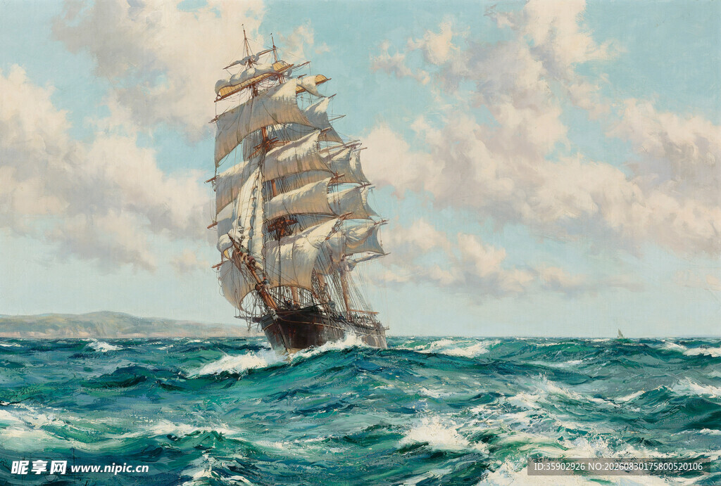 海上帆船破浪前行
