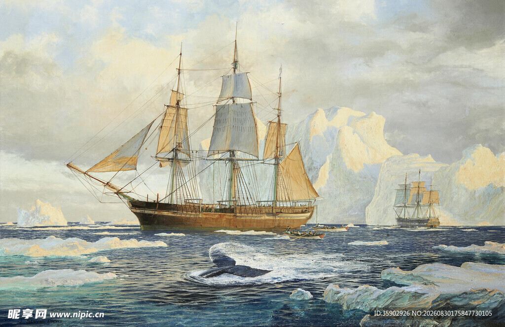 海上帆船航行油画景象