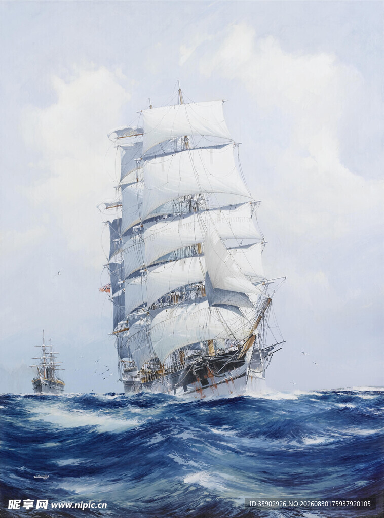 海上帆船破浪前行