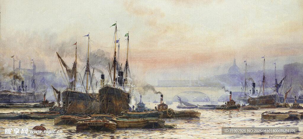 港口船只风景油画