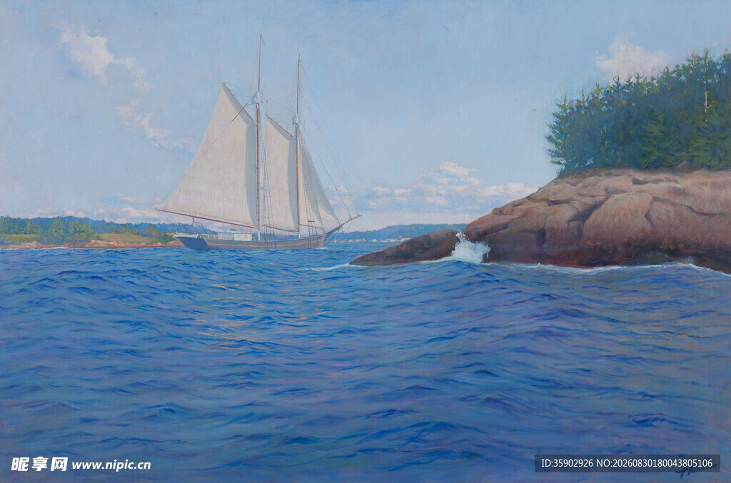 海上帆船风景油画