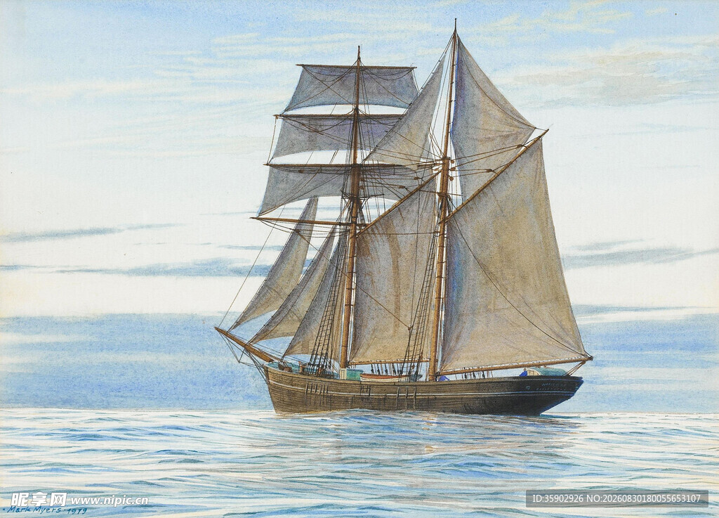 海上航行的古典多桅帆船