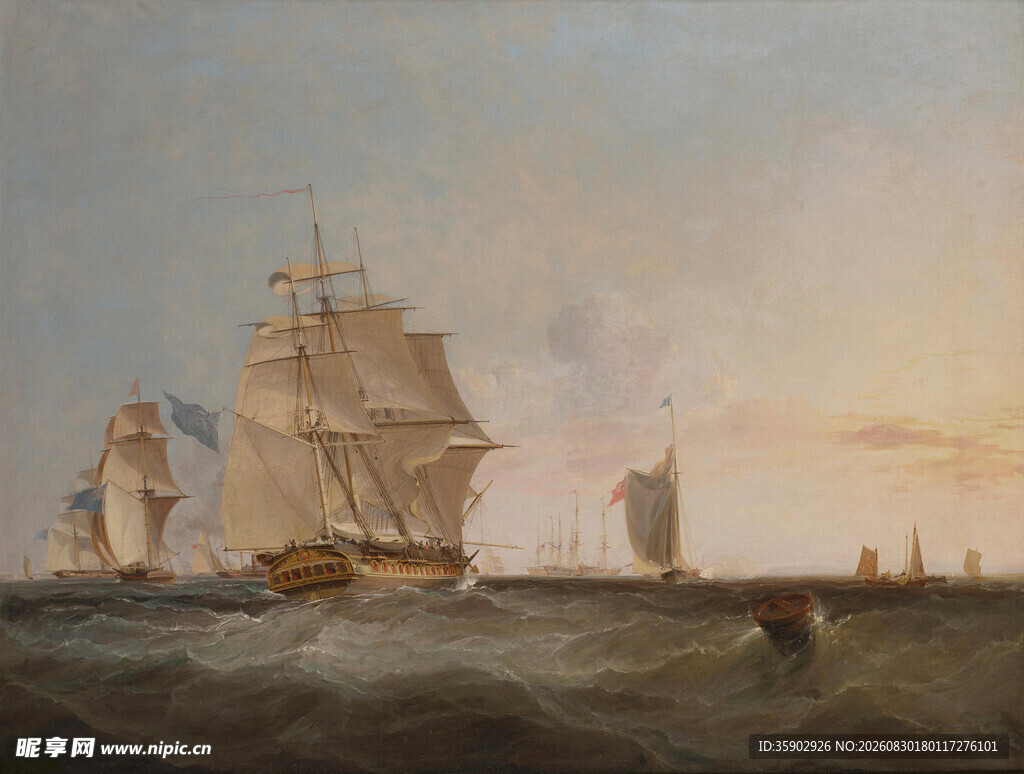 海上帆船航行油画场景