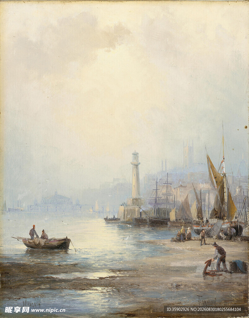 海港船只风景油画