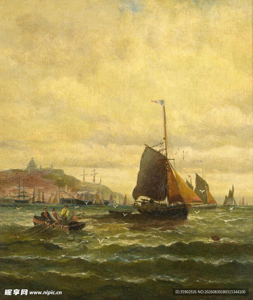 海上帆船风景油画