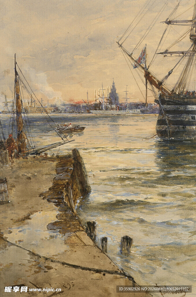 海边码头船只风景画作