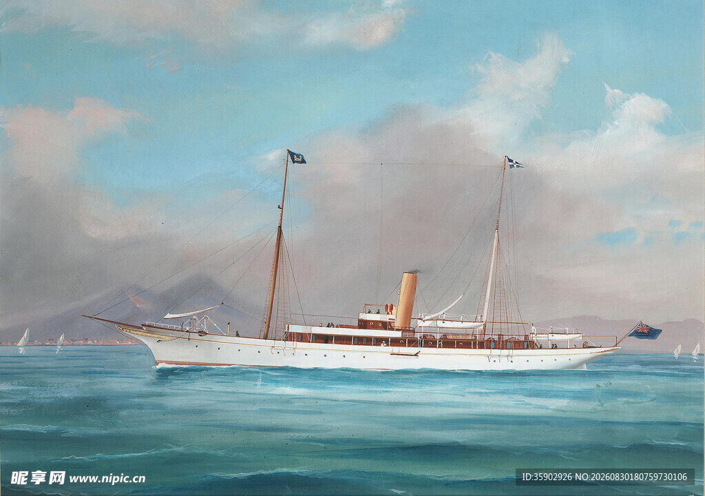 海上航行的复古白色游艇