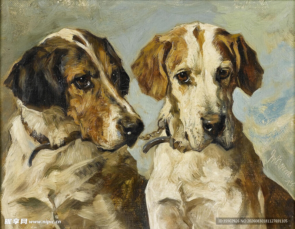 两犬对视油画图