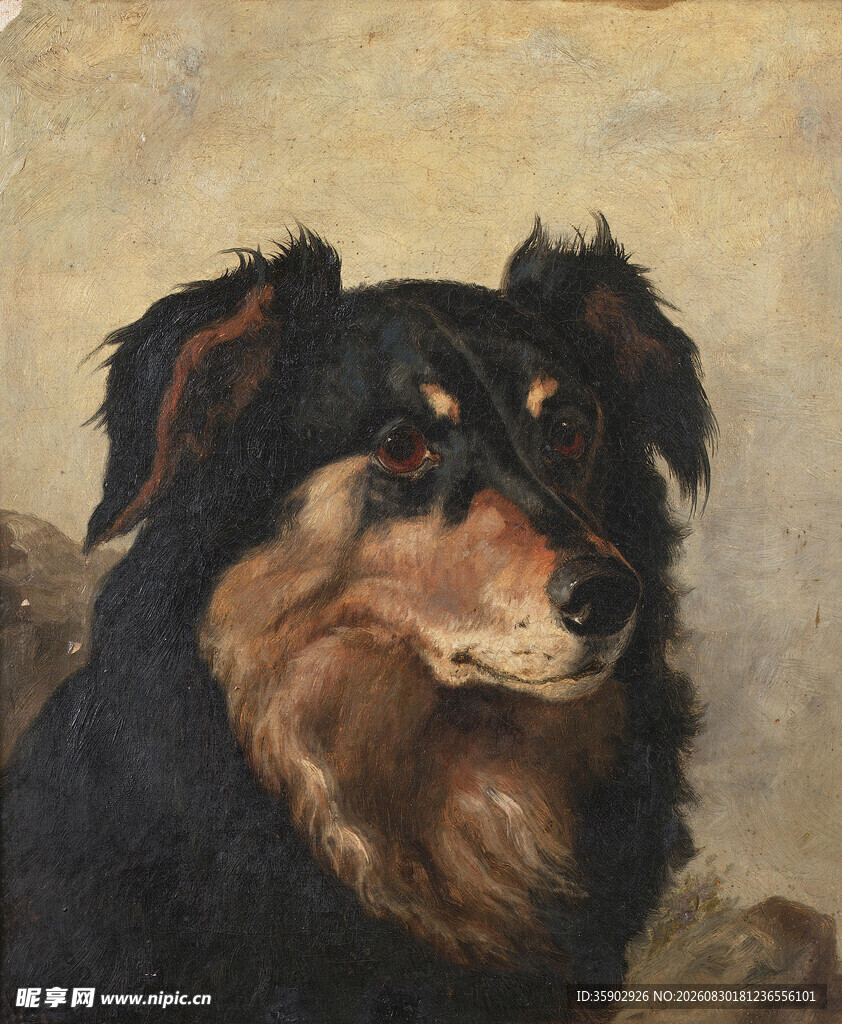 油画中的可爱长毛犬