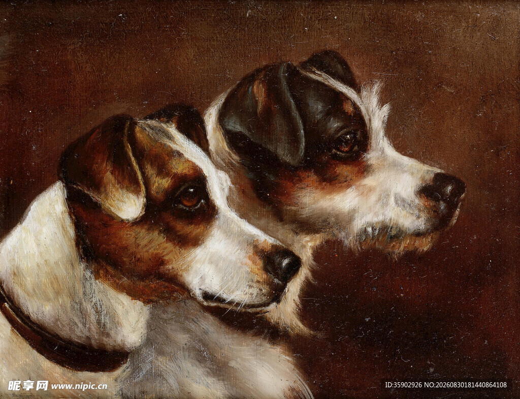 两犬肖像油画